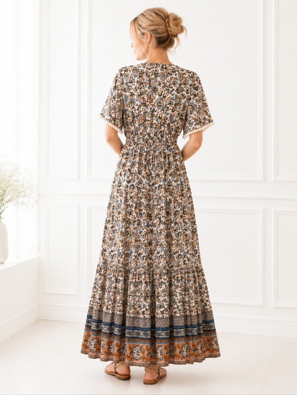 R.Vivimos Boho Paisley Floral Maxi Dress Pom Pom Trim Size M - Picture 2 of 11